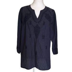 World Market Women’s Tunic Top Embroidered V-Neck Cotton Navy Blue Size S/M Boho